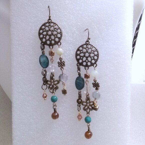 Handmade!!! Extra Long Chandelier Earrings! Loaded w. Beads Crystals Connectors - Picture 6 of 12